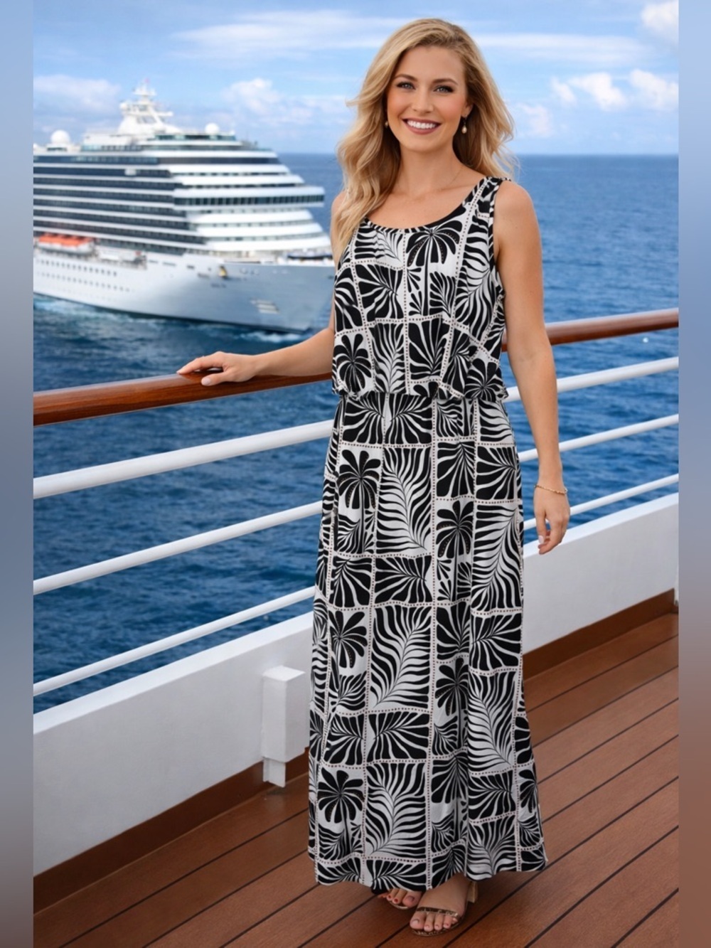 Robert Louis NWT XL Black & White Floral Graphic Maxi Dress